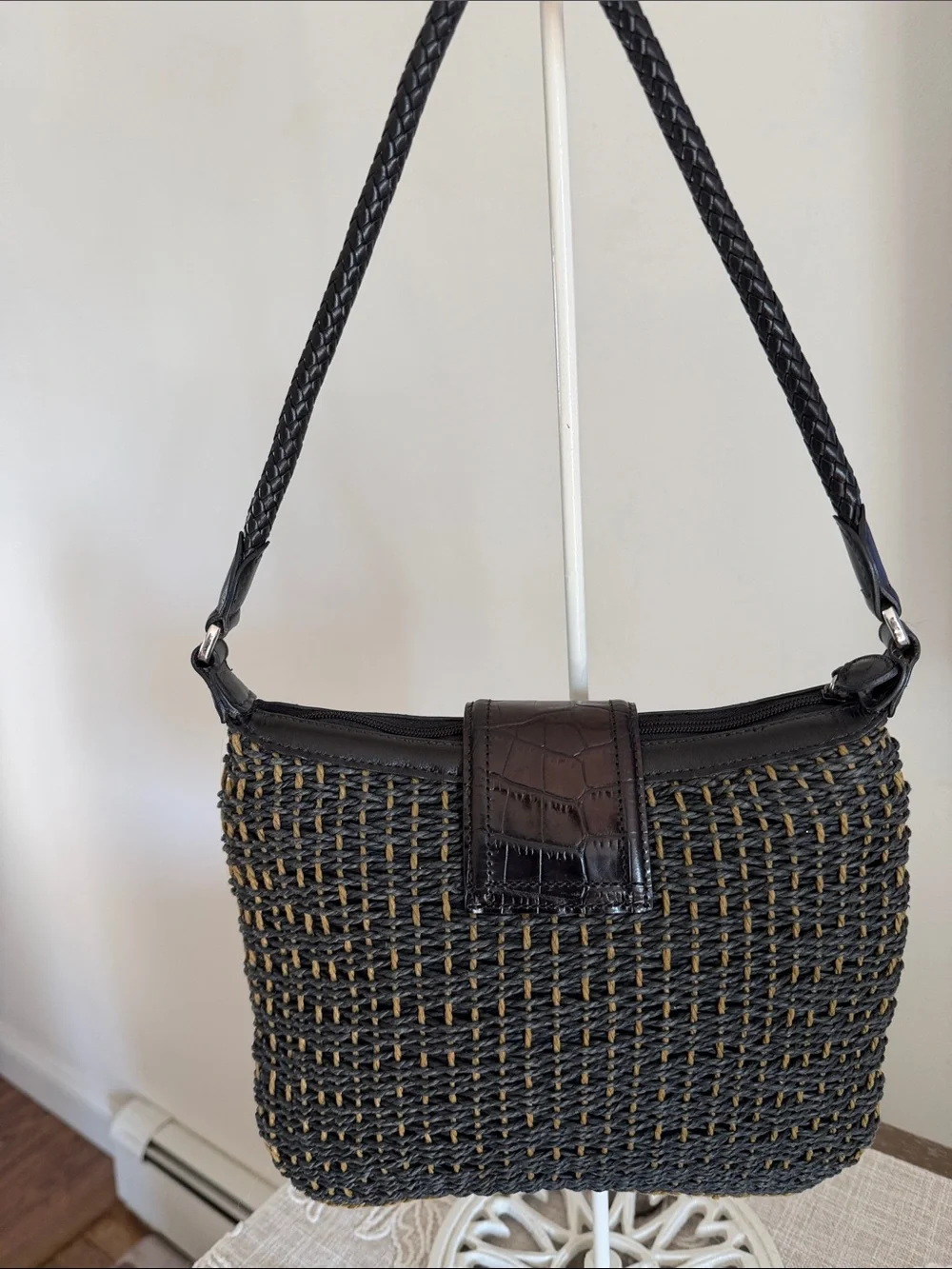 Brighton Black Woven Shoulder Bag with Brown Flap and Silver Heart Accent